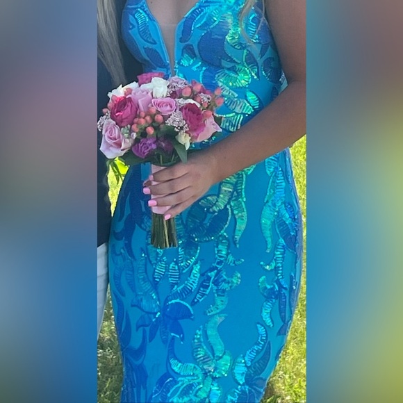 Jovani Backless Mermaid Prom Dress with Sequin Pattern In Iridescent Royal; 2 - Picture 3 of 3